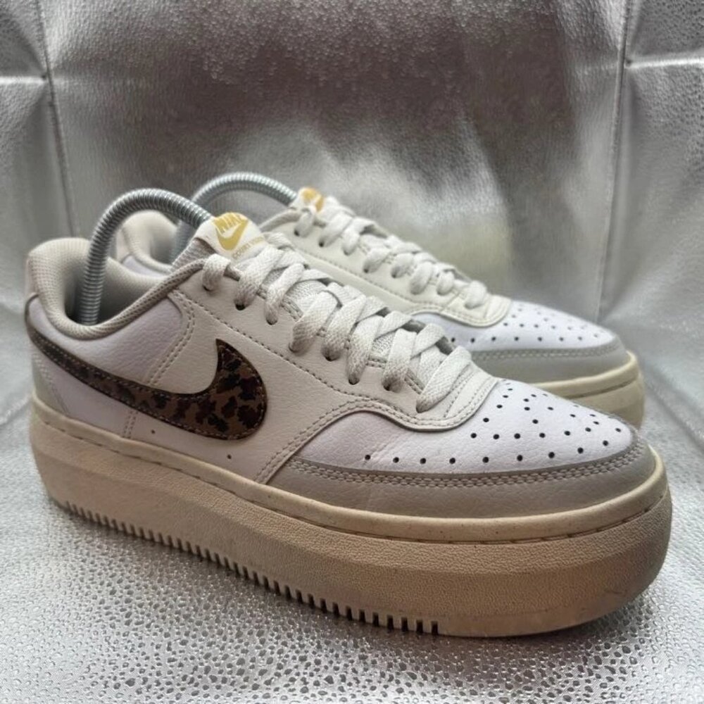 Size 9.5 - Nike Court Vision Alta Womens White Leopard Platform Shoes DO2791-100